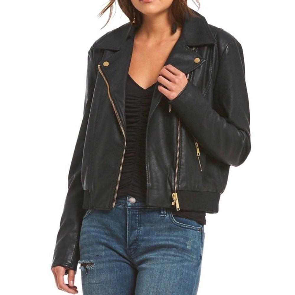 LIKE NEW! FREE PEOPLE Black Faux Leather Bomber